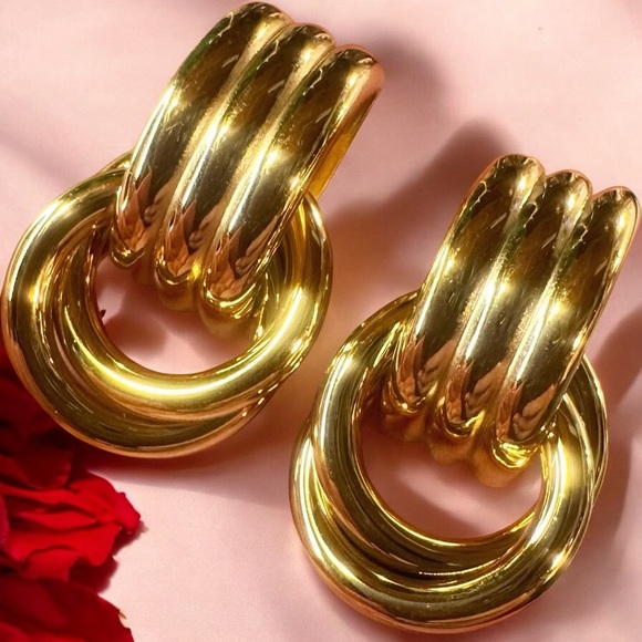 NEW Yellow Gold-Plated Stainless Steel Knotted & Looped Drop Earrings Celeb Fav - Picture 2 of 13